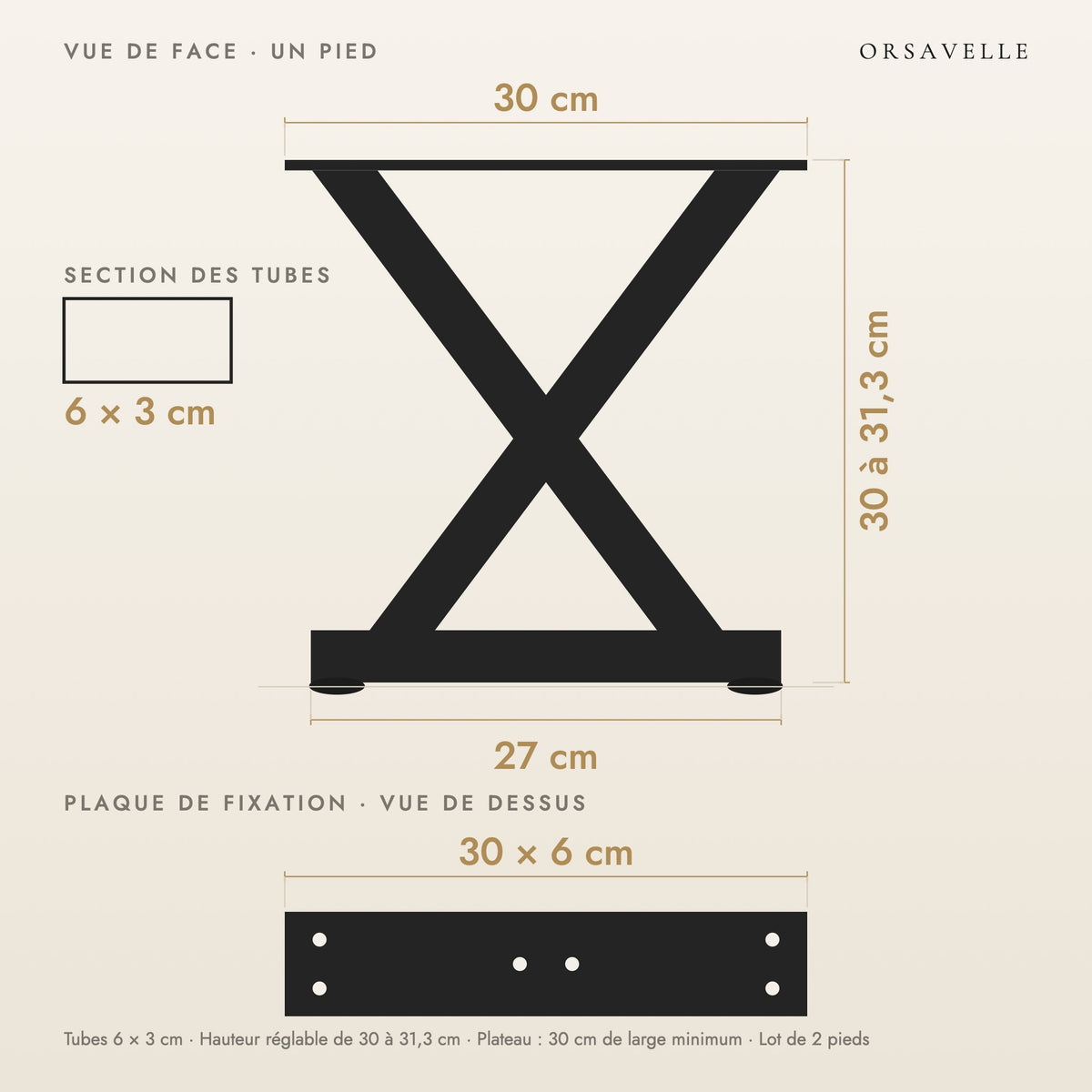 Schéma coté des Pieds de table basse en X en acier, Lot de 2, 30 × 30 cm : vue de face d'un pied, plaque de fixation, dimensions en cm
