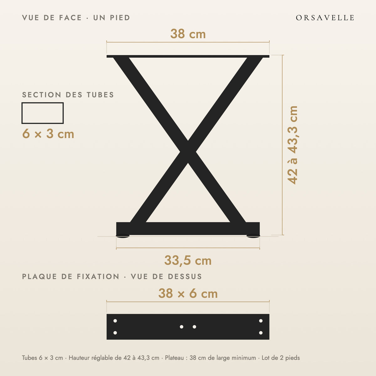 Schéma coté des Pieds de table basse en X en acier, Lot de 2, 38 × 42 cm : vue de face d'un pied, plaque de fixation, dimensions en cm