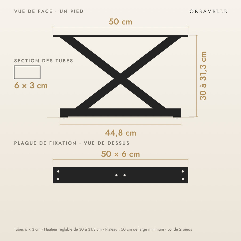 Schéma coté des Pieds de table basse en X en acier, Lot de 2, 50 × 30 cm : vue de face d'un pied, plaque de fixation, dimensions en cm