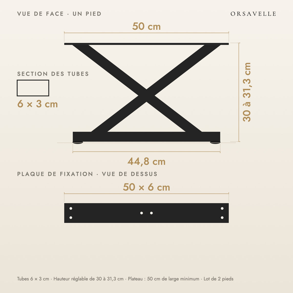 Schéma coté des Pieds de table basse en X en acier, Lot de 2, 50 × 30 cm : vue de face d'un pied, plaque de fixation, dimensions en cm