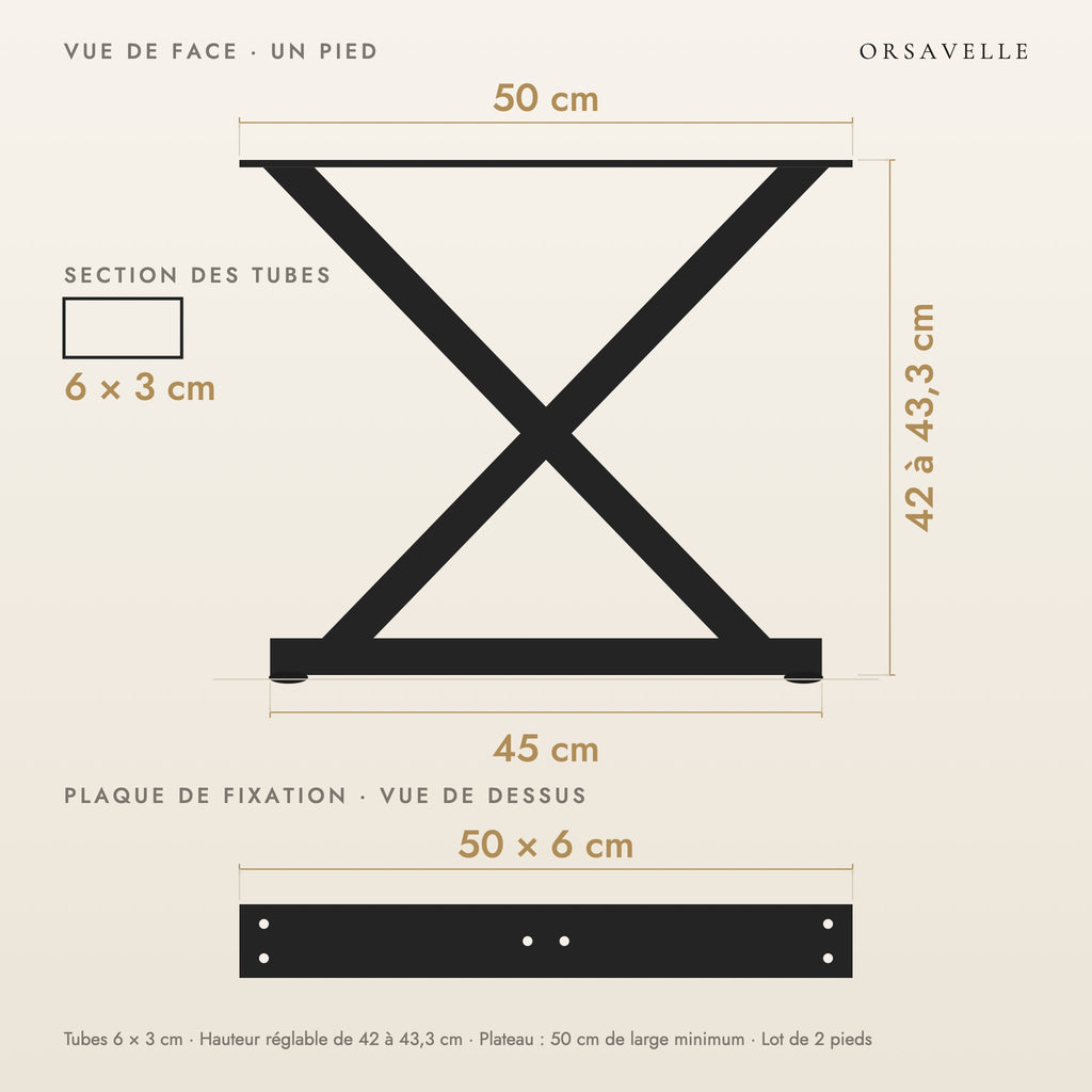 Schéma coté des Pieds de table basse en X en acier, Lot de 2, 50 × 42 cm : vue de face d'un pied, plaque de fixation, dimensions en cm