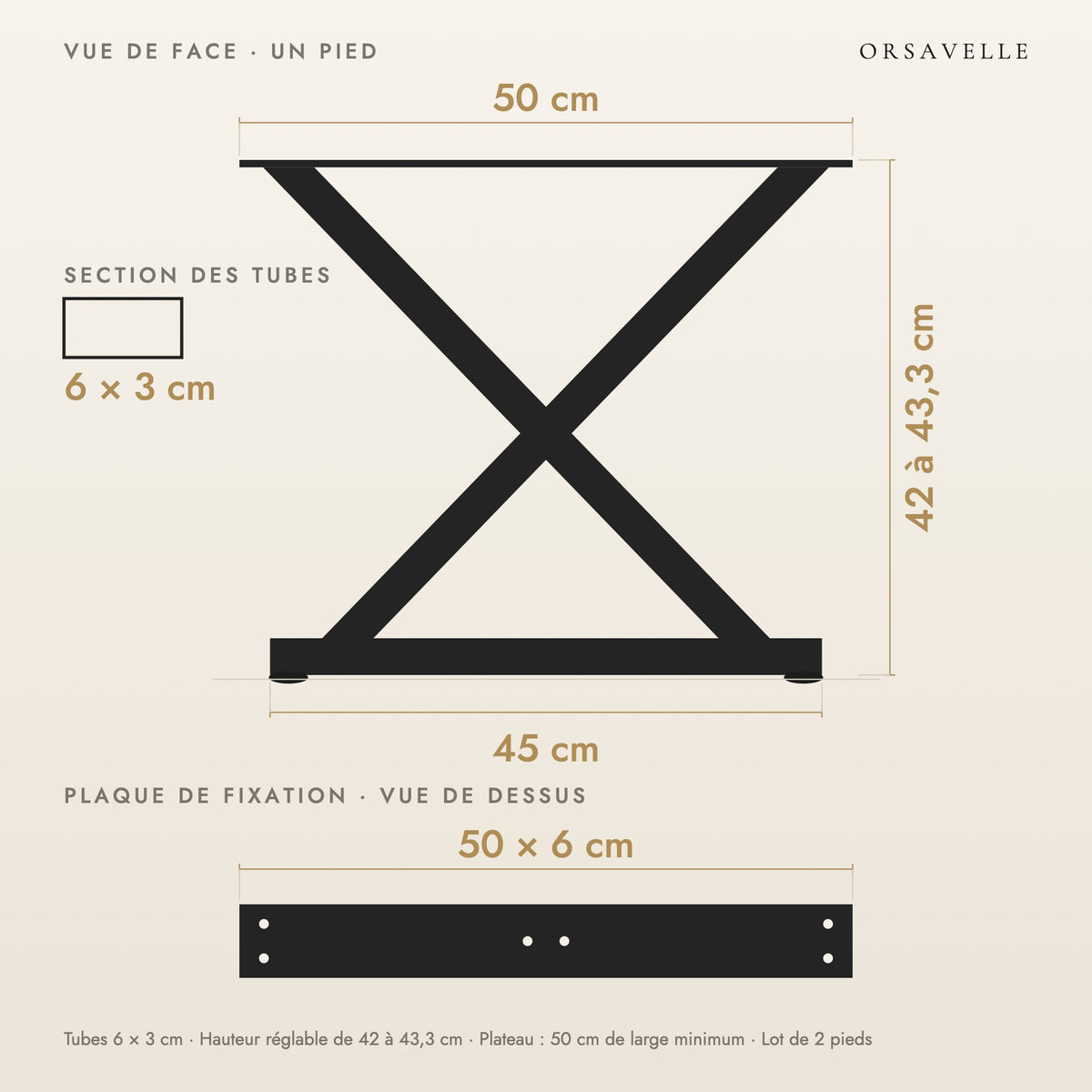 Schéma coté des Pieds de table basse en X en acier, Lot de 2, 50 × 42 cm : vue de face d'un pied, plaque de fixation, dimensions en cm