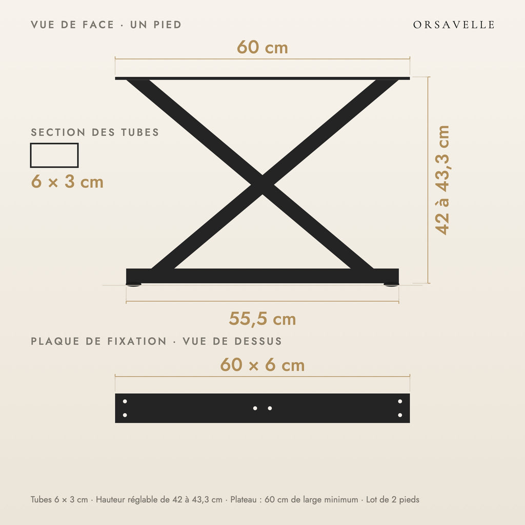 Schéma coté des Pieds de table basse en X en acier, Lot de 2, 60 × 42 cm : vue de face d'un pied, plaque de fixation, dimensions en cm