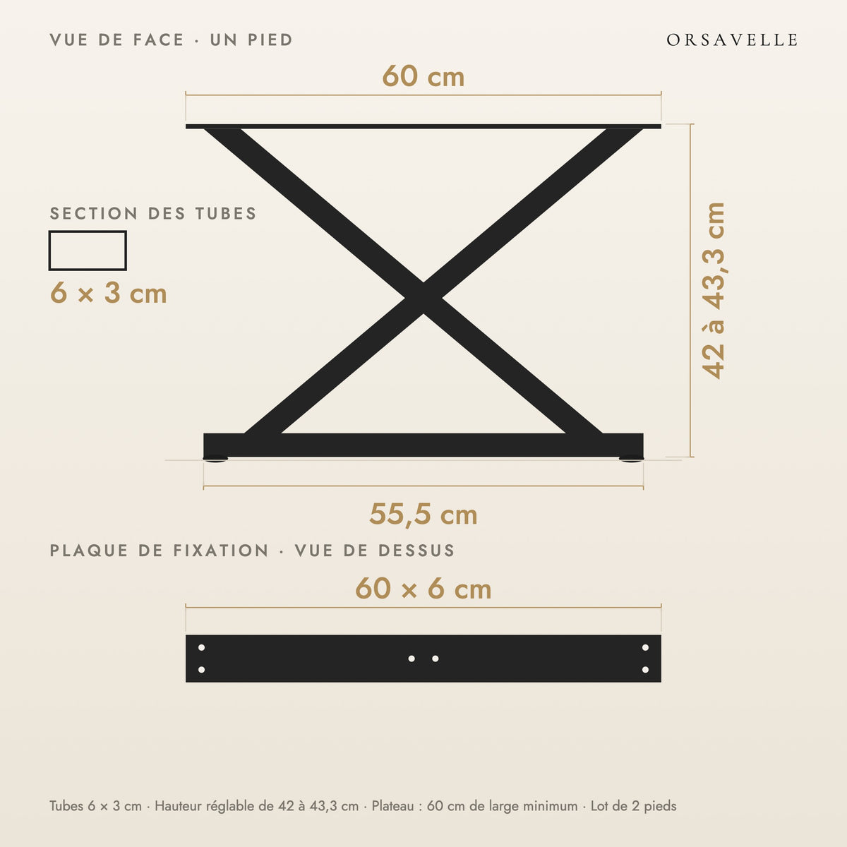 Schéma coté des Pieds de table basse en X en acier, Lot de 2, 60 × 42 cm : vue de face d'un pied, plaque de fixation, dimensions en cm