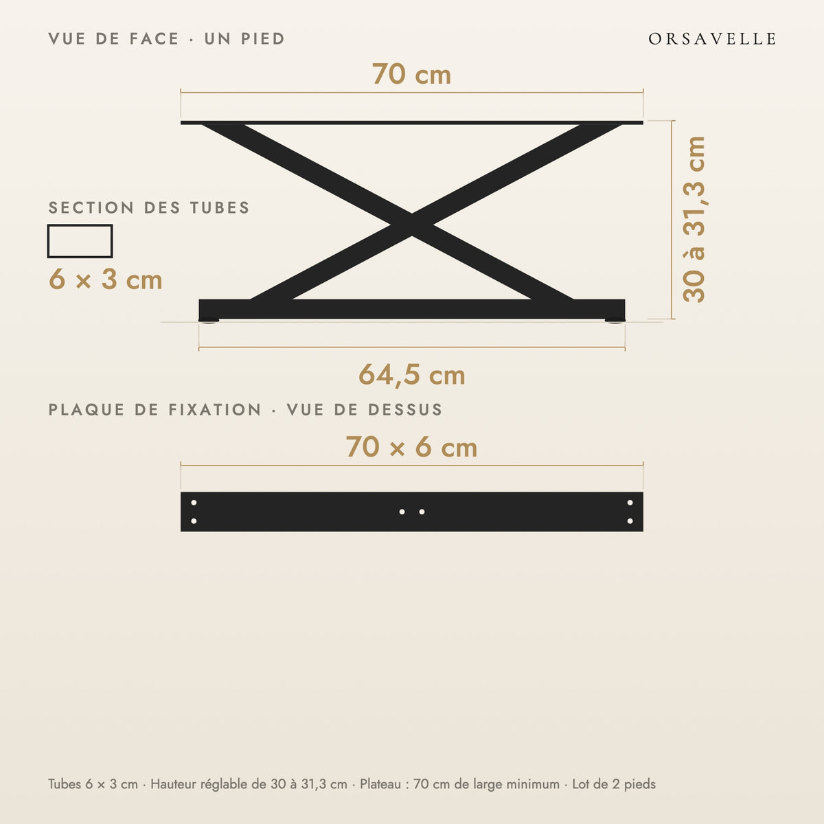 Schéma coté des Pieds de table basse en X en acier, Lot de 2, 70 × 30 cm : vue de face d'un pied, plaque de fixation, dimensions en cm