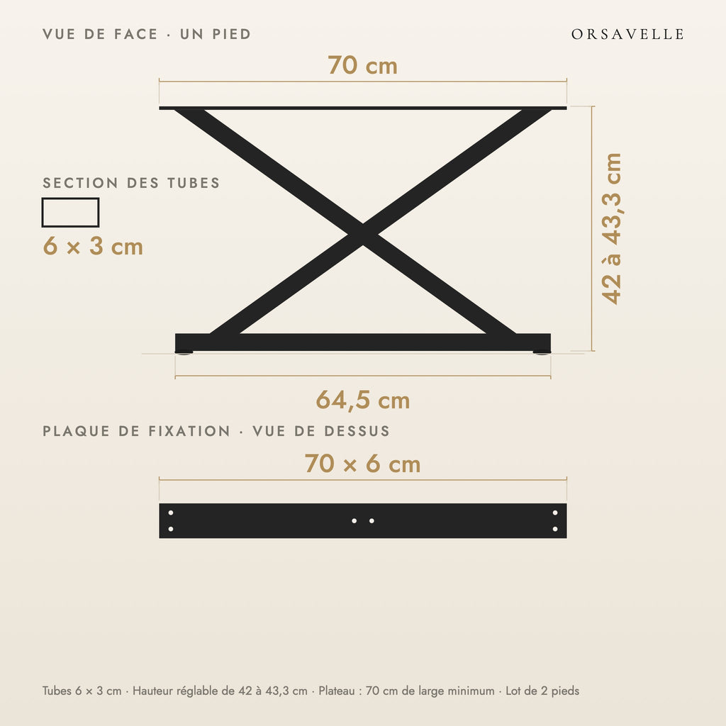 Schéma coté des Pieds de table basse en X en acier, Lot de 2, 70 × 42 cm : vue de face d'un pied, plaque de fixation, dimensions en cm