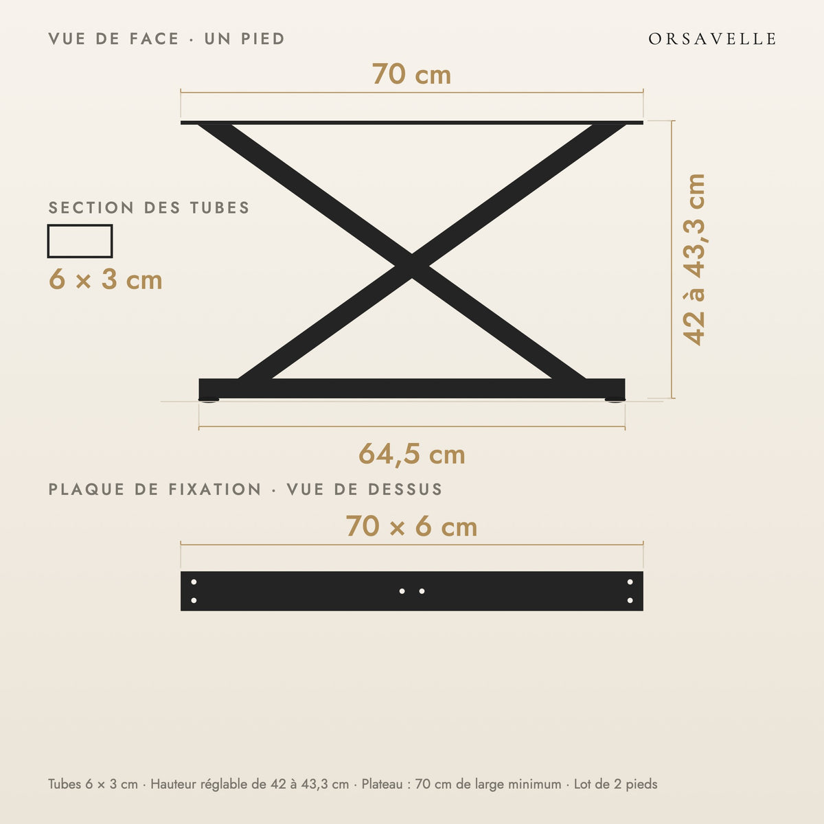 Schéma coté des Pieds de table basse en X en acier, Lot de 2, 70 × 42 cm : vue de face d'un pied, plaque de fixation, dimensions en cm