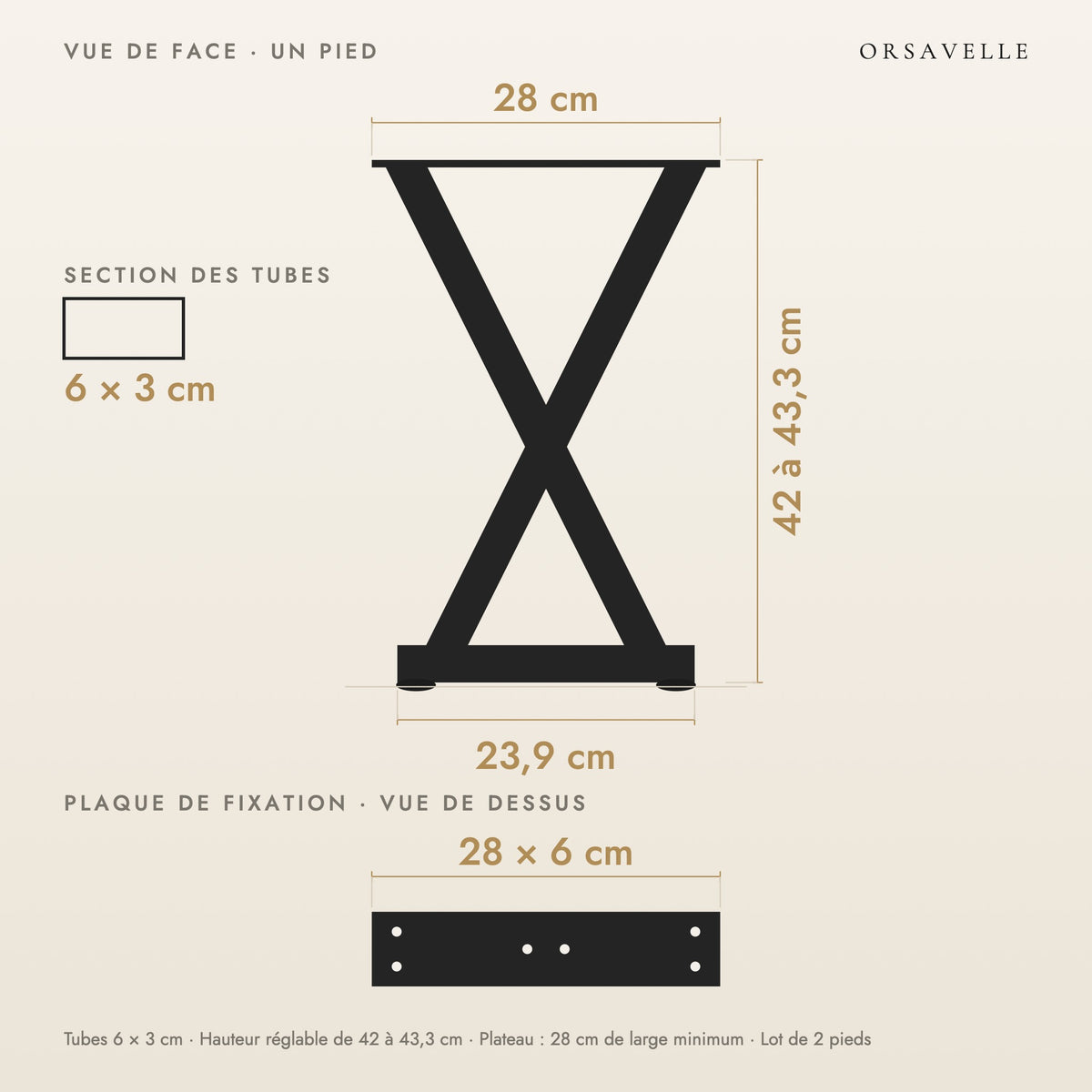 Schéma coté des Pieds de table basse en X en acier noir, Lot de 2, 28 × 42 cm : vue de face d'un pied, plaque de fixation, dimensions en cm